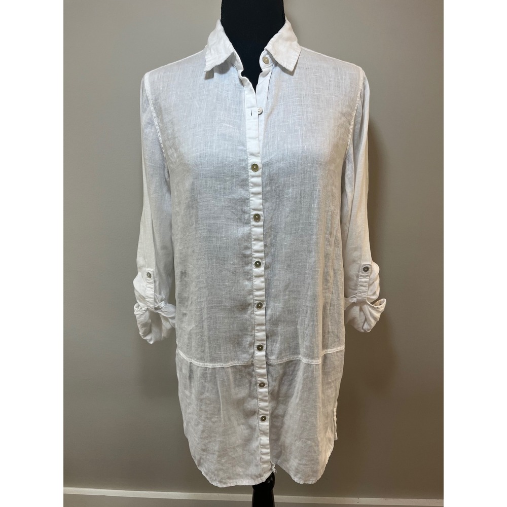 White 100% Linen Button Down Tunic Long Sleeve Roll Tab Shirt Women Lagenlook